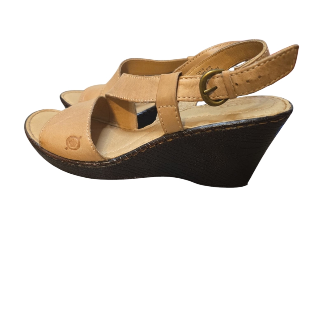 Born Tan Leather Boho Neutral Strappy Wedge Sandals Size 7 - Picture 4 of 7